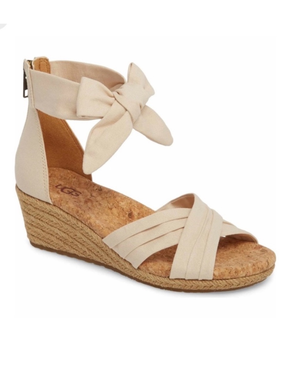 Like New UGG Yarrow Espadrilles Cream/Beige Bow Ankle Tie Wedges Sandals Size 9